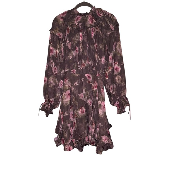 En Saison Jordan Ruffled Mini Dress A-Line Floral Long Sleeve Small Dark Brown - Picture 2 of 8